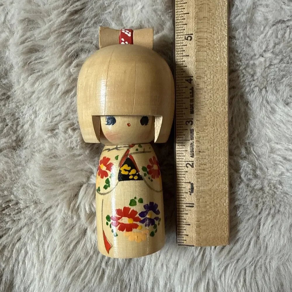 Vintage Japanese Kokeshi Doll 5” Wood Floral Kimono Girl Bow Hand Painted